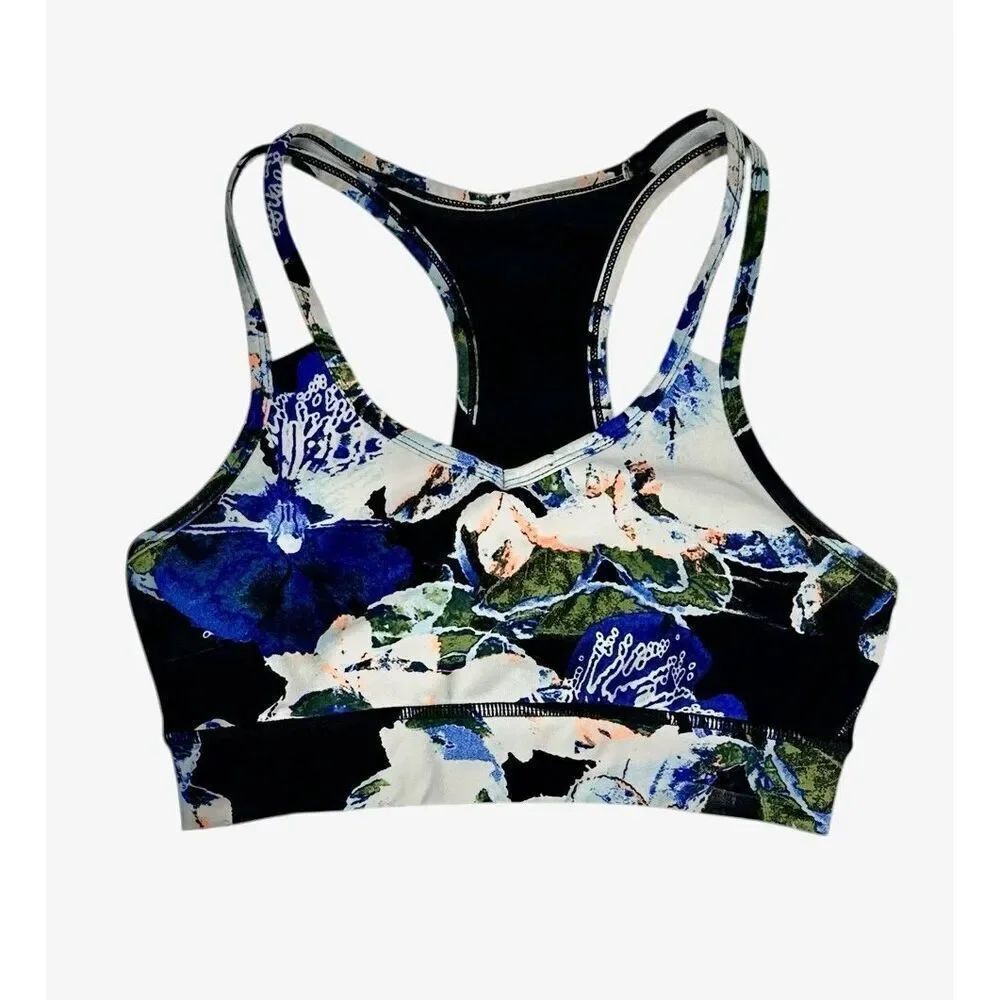 DKNY Floral Print Sports Bra Black Multicolor Racerback Women’s Size XS